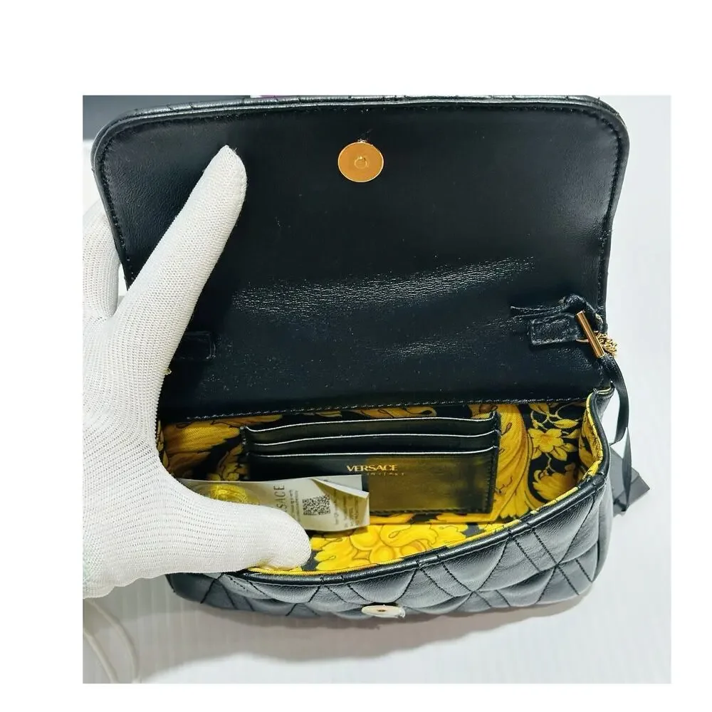 Versace Black Quilted Shoulder Bag with Gold Chain V